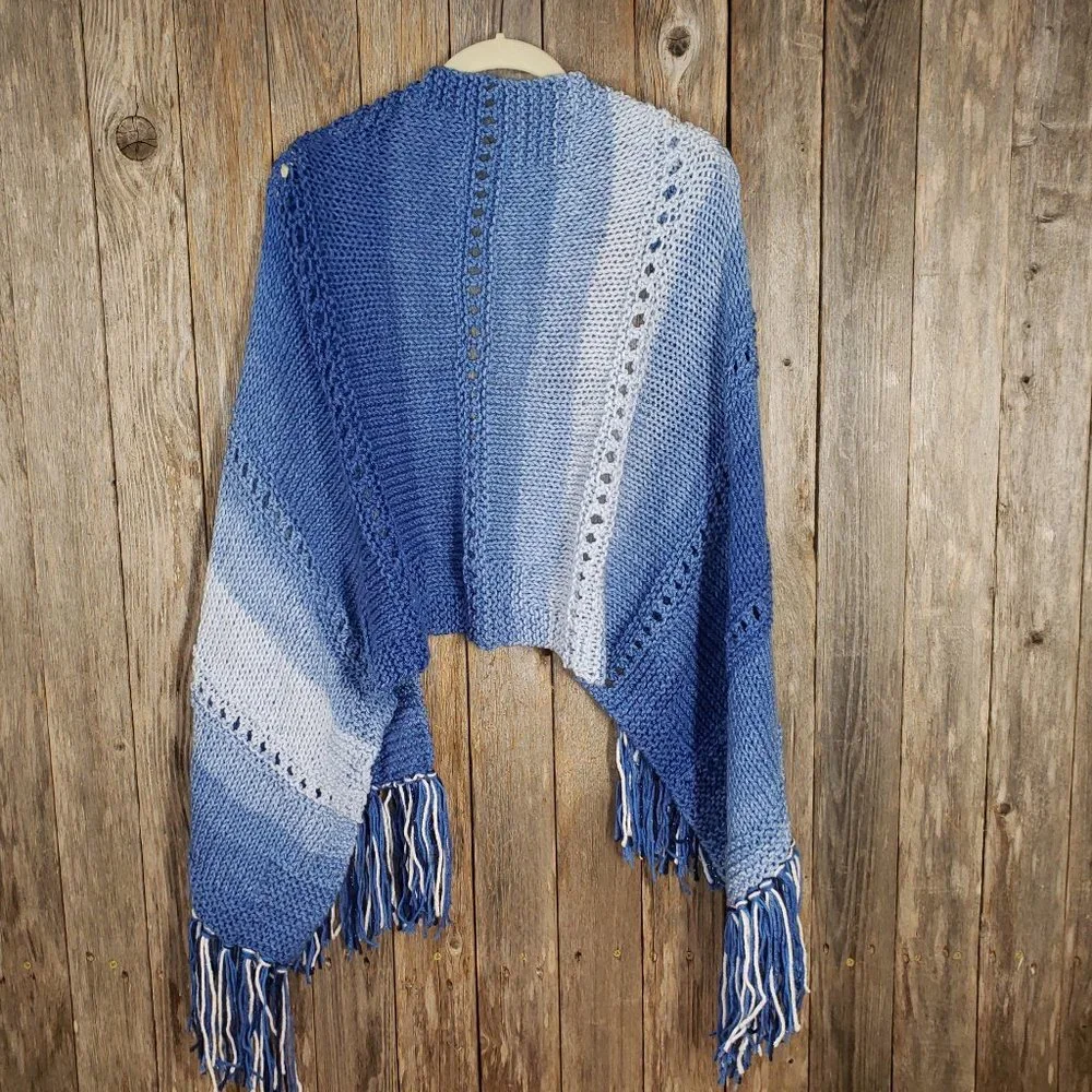 NEW Blue‎ Ombre Knit Shawl Wrap Eyelet Scarf Boho Hippie Coastal Cottage Indie